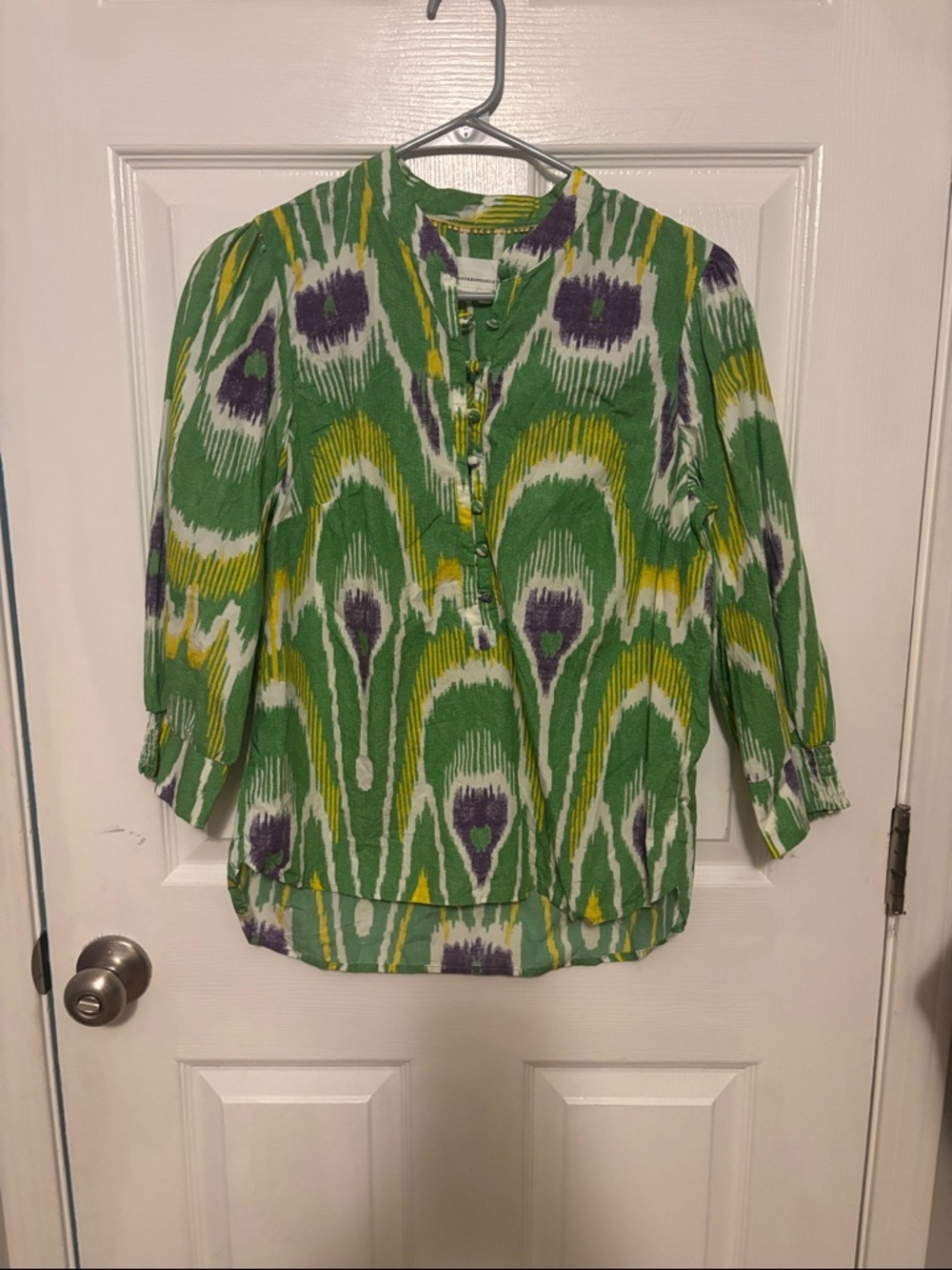 Anthropologie Green, Yellow & Purple Abstract Button-Front Blouse
